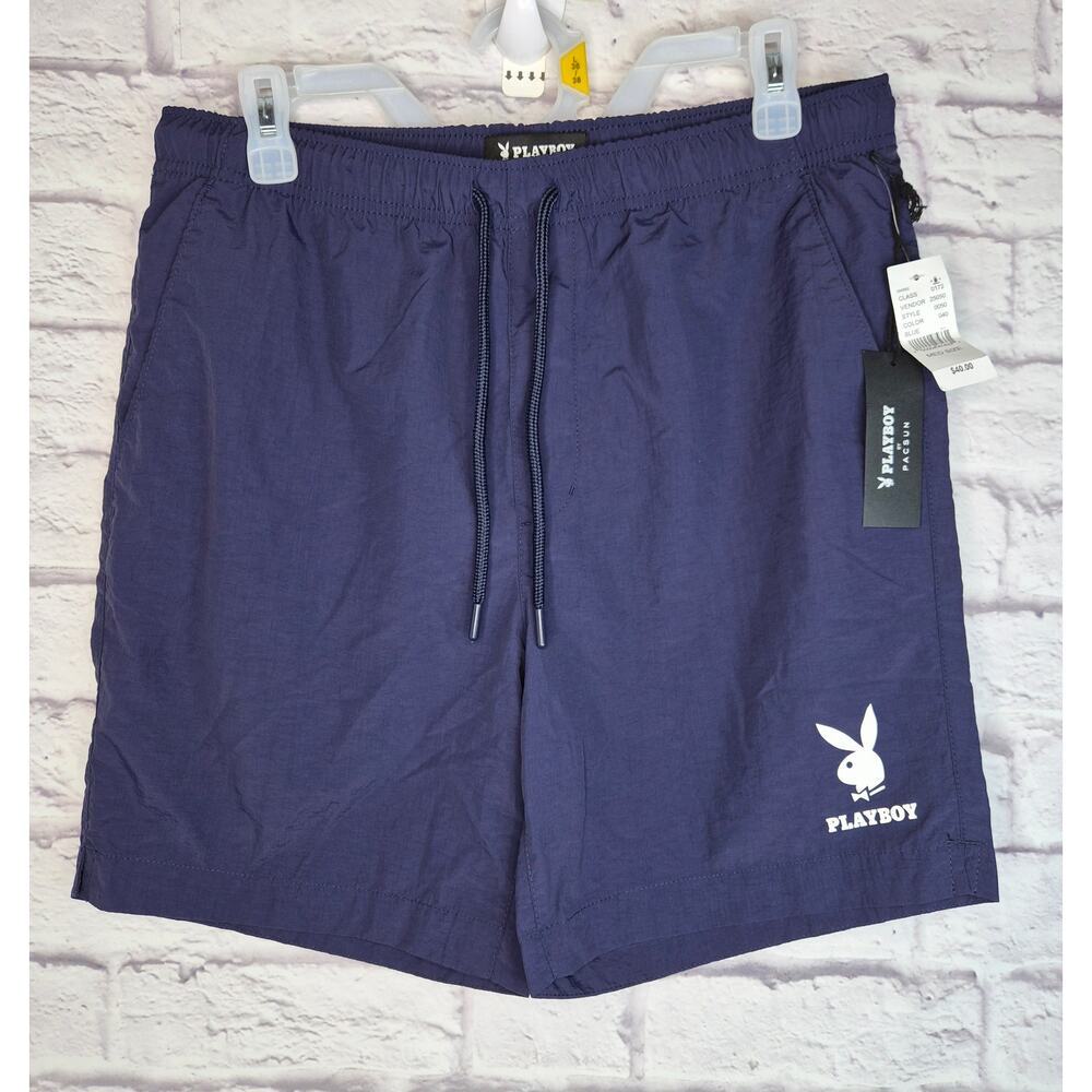 NWT Playboy x PacSun Men's Swim Trunks Shorts Navy Blue Medium Nylon Boardshorts